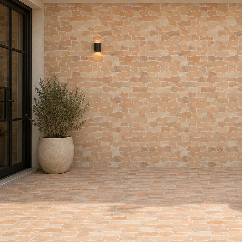 Peach stone outdoor patio tiles on a minimalist courtyard wall and floor