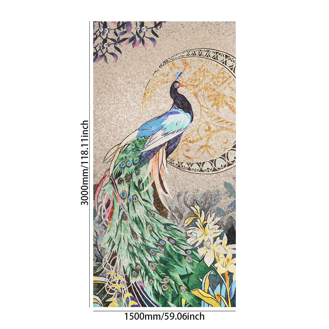 Full peacock handmade glass mosaic mural with 3000mm by 1500mm size display