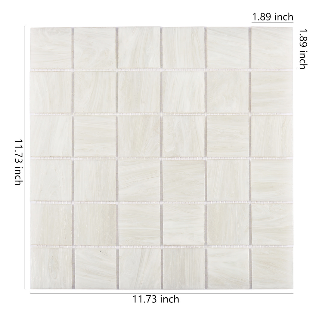 Pearl white square glass mosaic sheet with 11.73 inch and 1.89 inch size labels