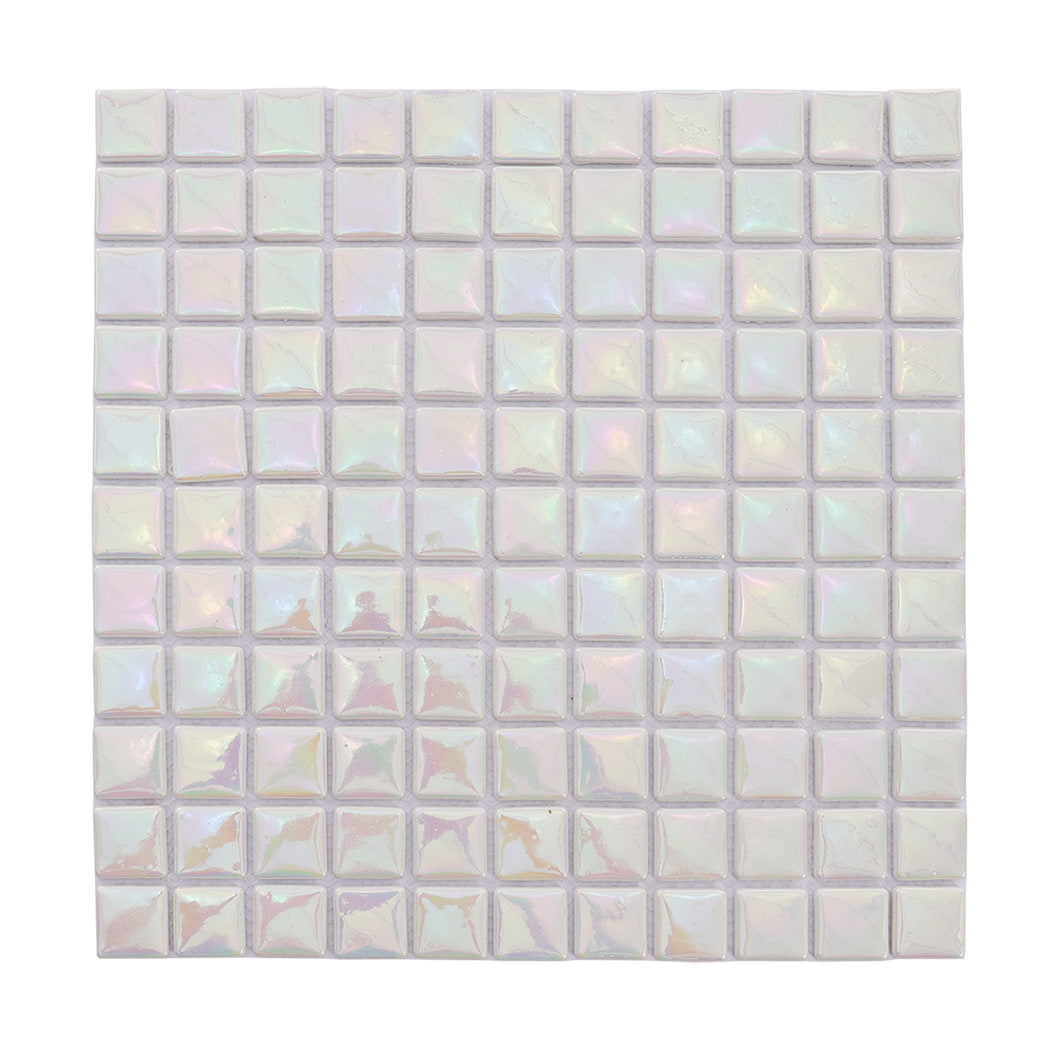 Front view of pearl white recycled glass square mosaic tile sheet