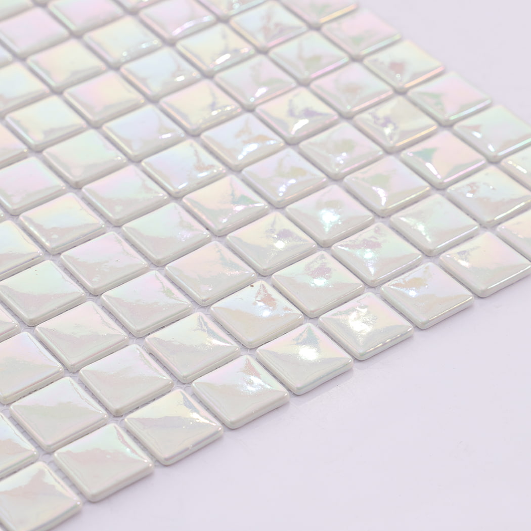 Side view of pearl white recycled glass mosaic tiles showing tile thickness