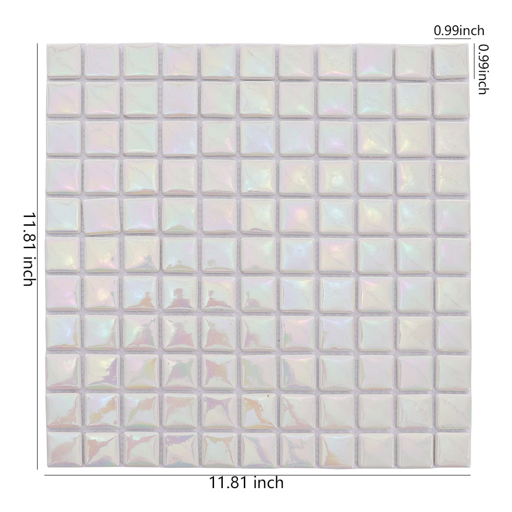 Pearl white recycled glass mosaic tile sheet with size measurements