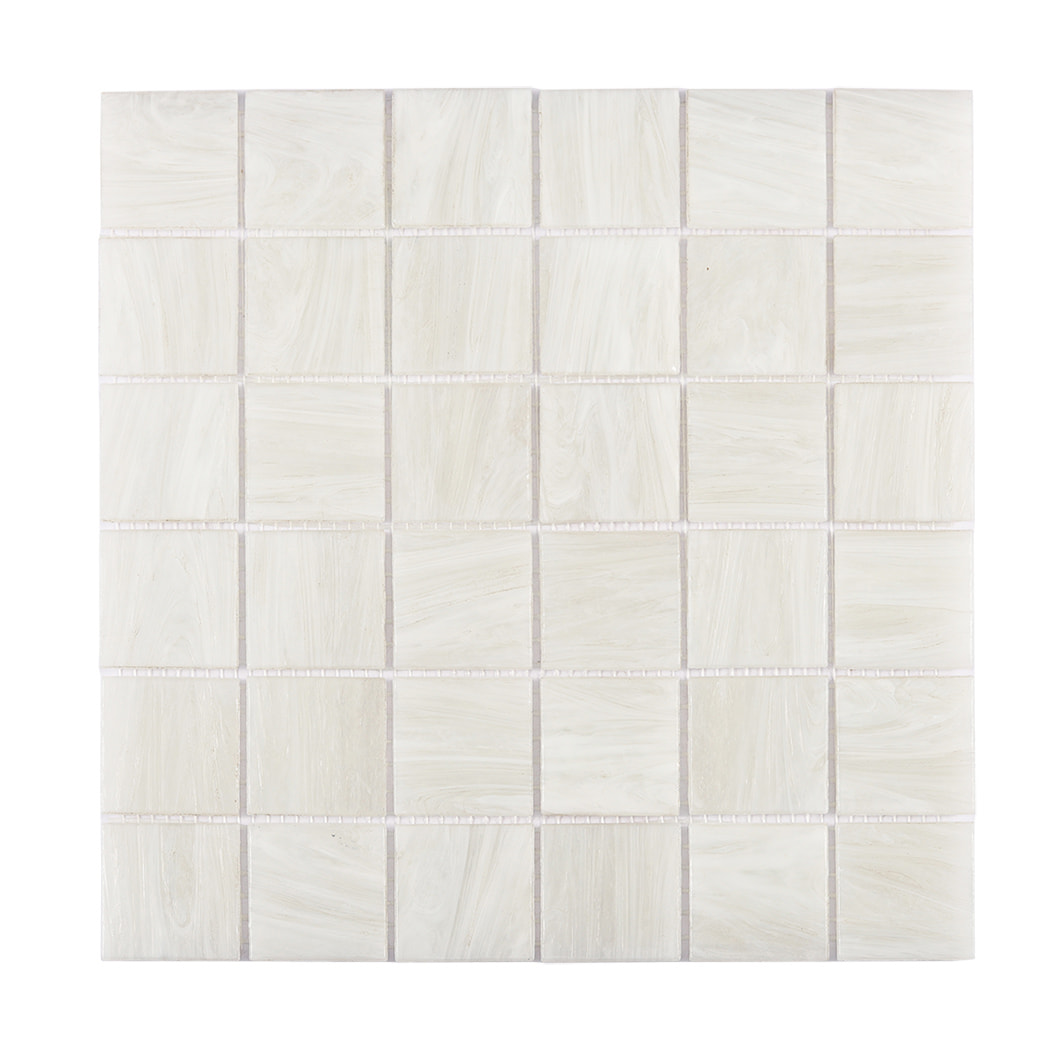 Front view of pearl white square glass mosaic tile sheet
