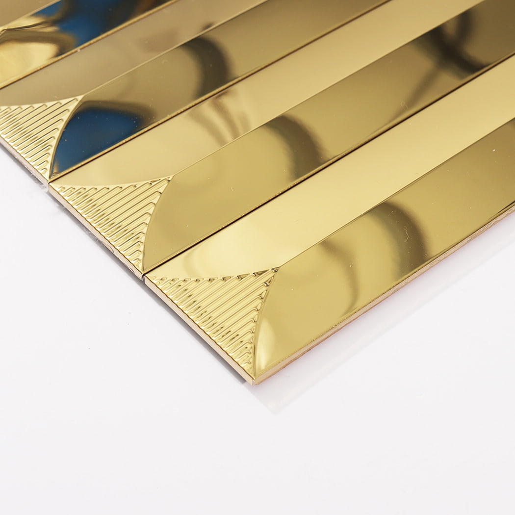 Angled perspective view of a gold 3D linear metal mosaic tile sheet.
