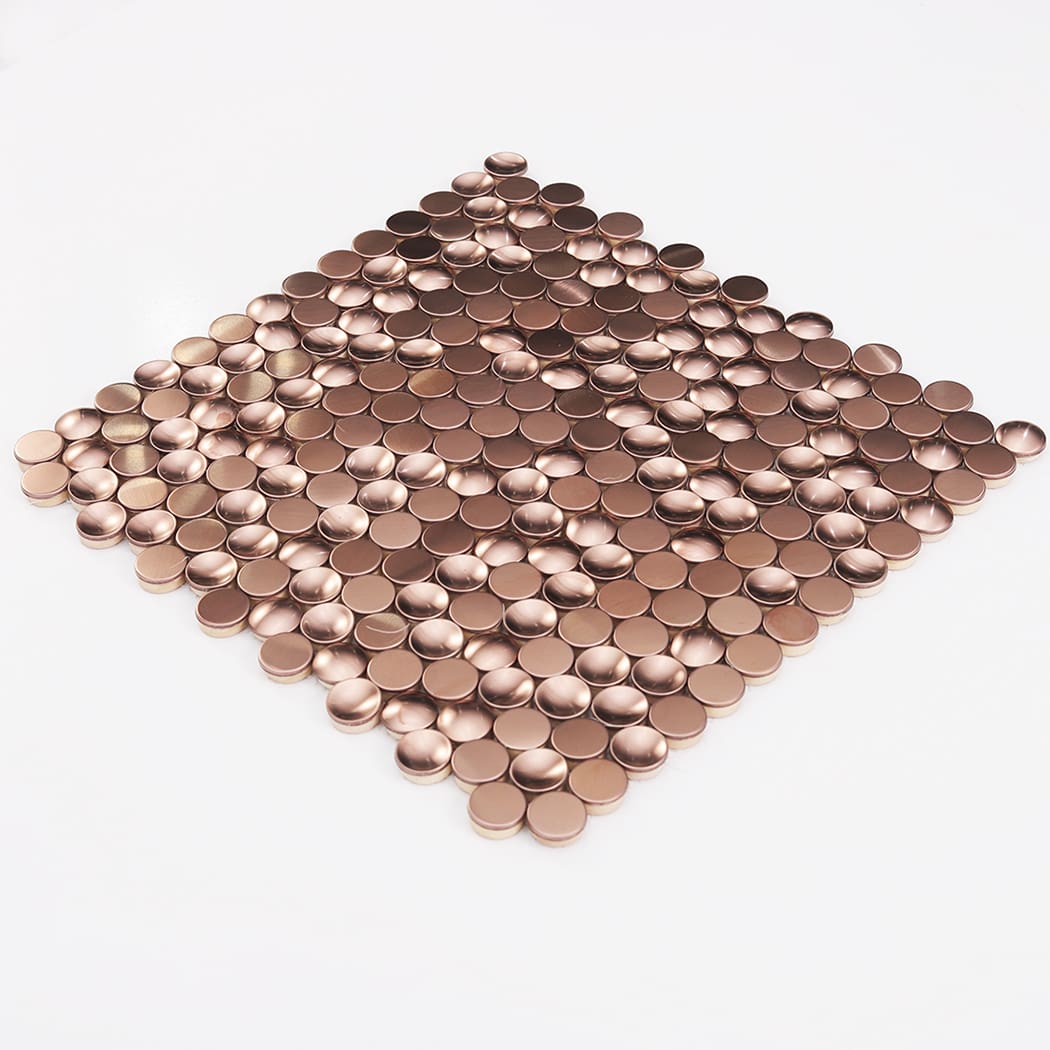 Isometric view of a rose gold stainless steel penny round mosaic sheet on white background.