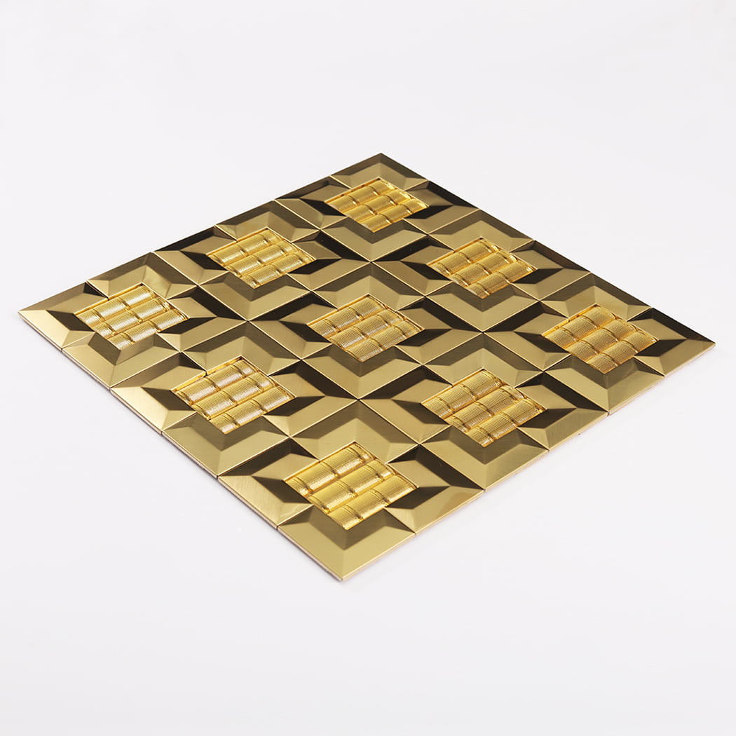 A perspective angle shot of a complete gold metallic square mosaic tile sheet.