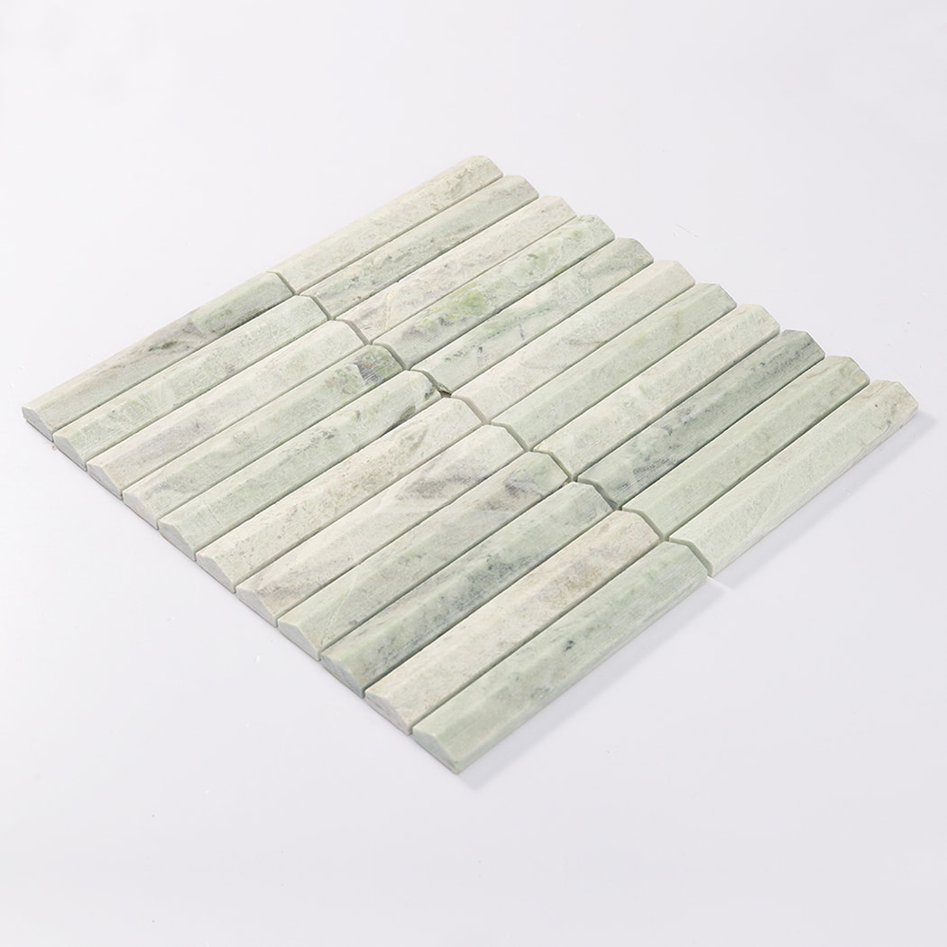 Angled perspective view of a Ming Green fluted marble mosaic tile sheet.