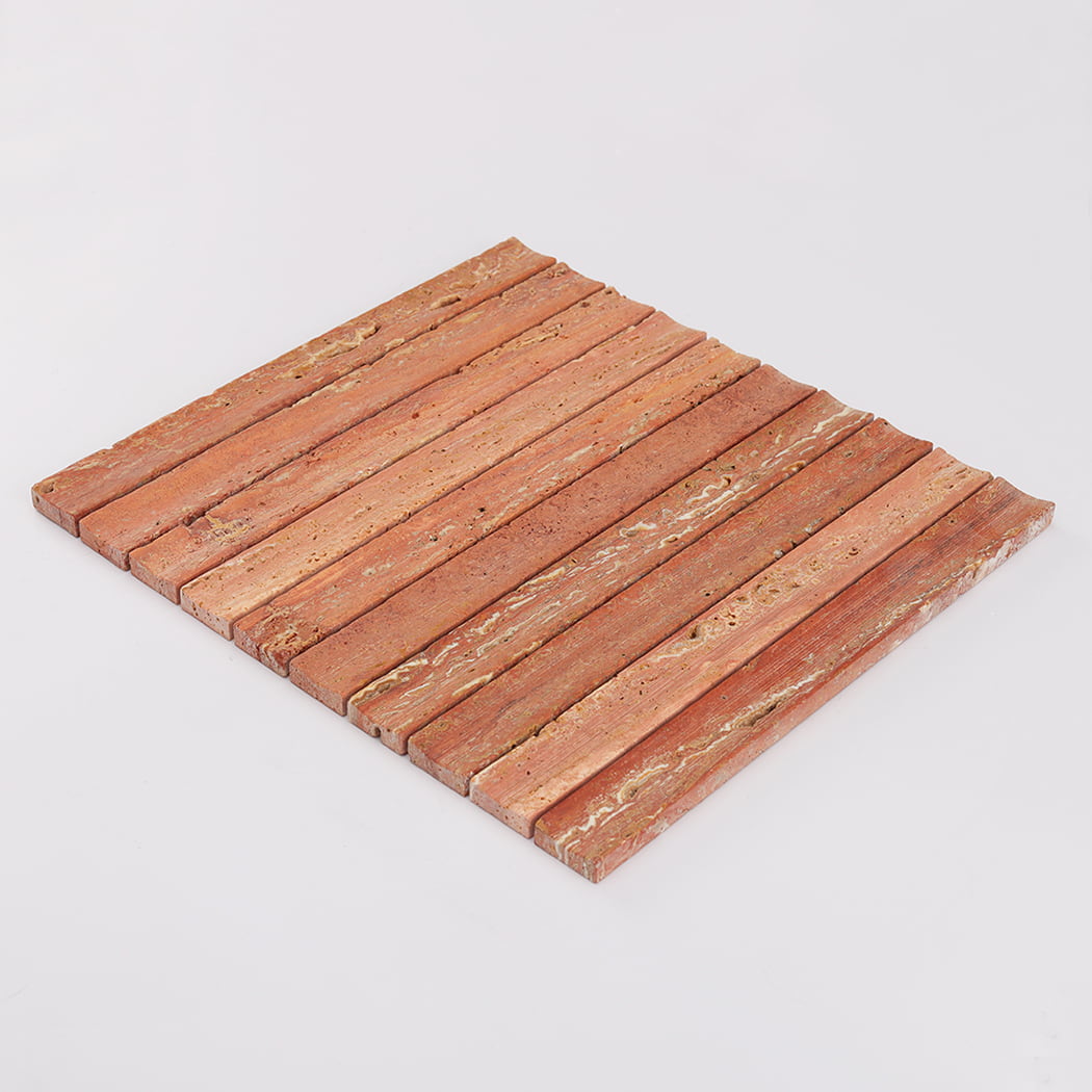 Perspective shot of a Red Travertine fluted mosaic tile sheet on a white background.