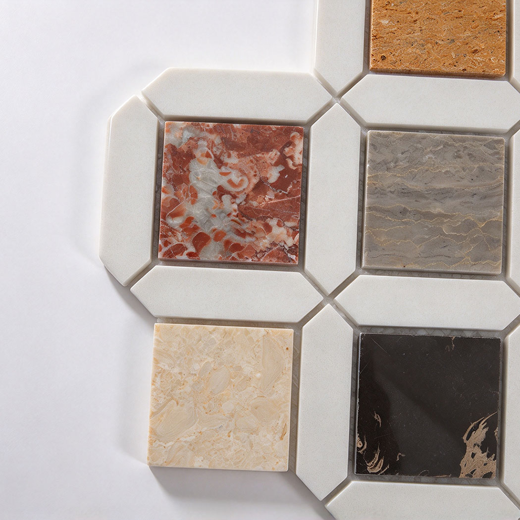 Close-up of picket and square geometria multicolor marble mosaic tile
