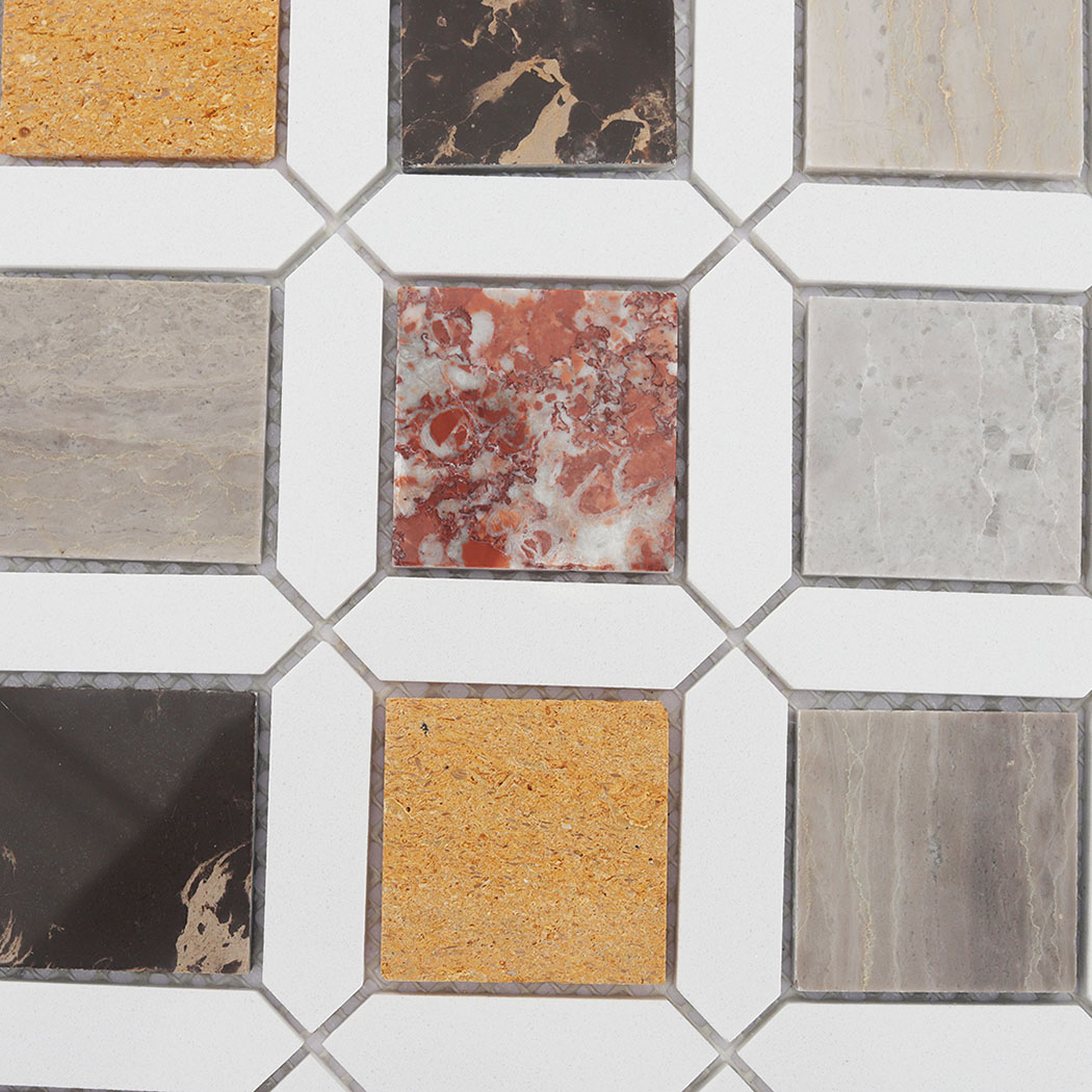 Detailed view of square and white picket marble mosaic tile pattern