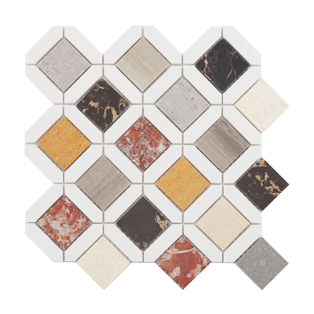 Front view of picket and square geometria multicolor marble mosaic tile sheet