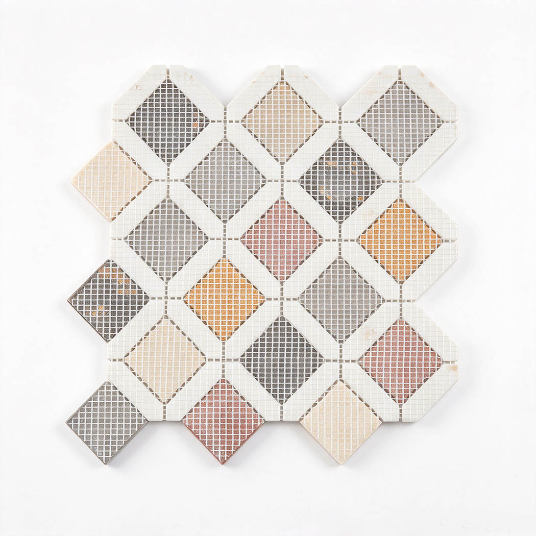 Mesh backing of picket and square geometria multicolor marble mosaic tile