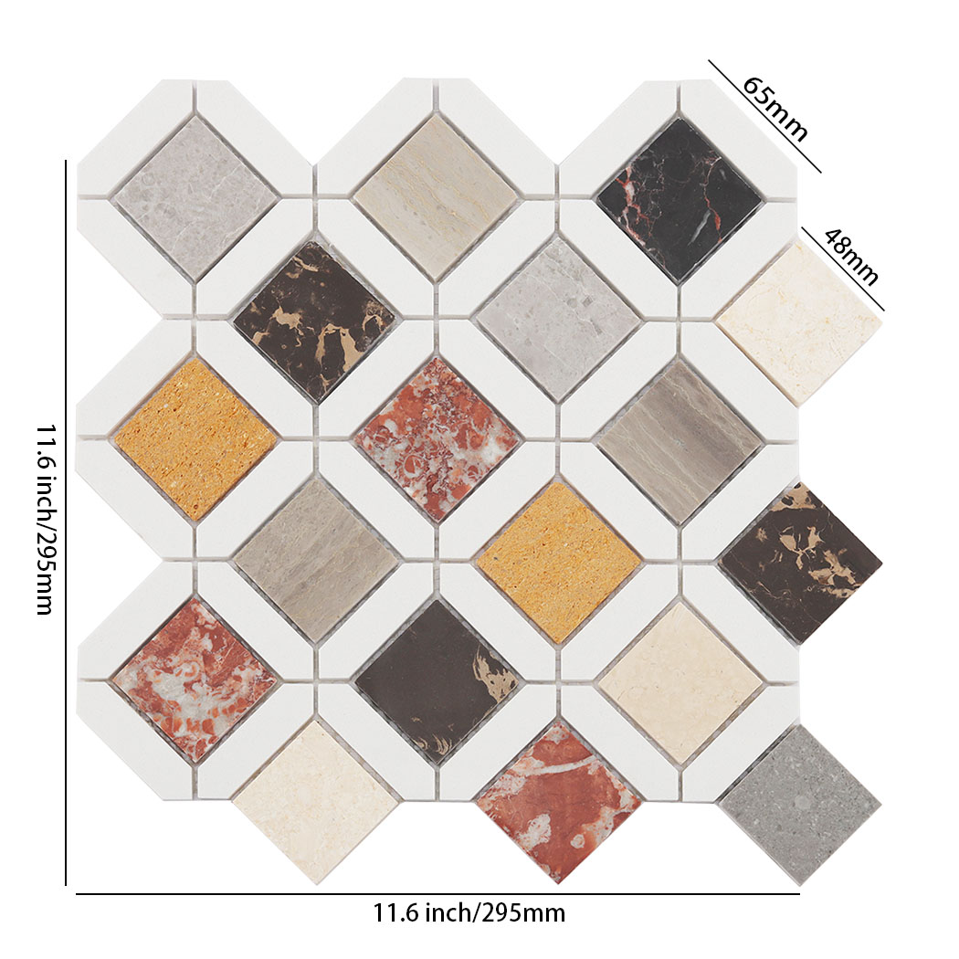 Picket and square geometria multicolor marble mosaic tile sheet with size details