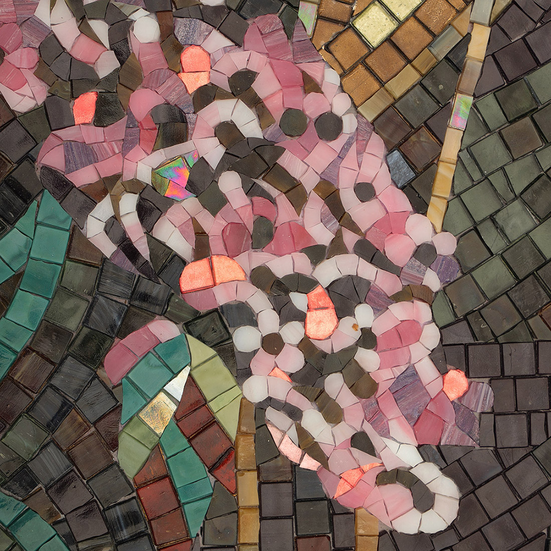 Pink floral cluster in a dark green handmade glass forest mosaic mural
