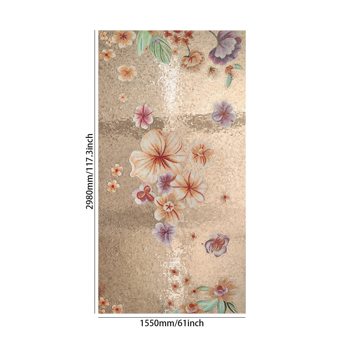 Floral glass mosaic mural size display with 2980mm by 1550mm dimensions