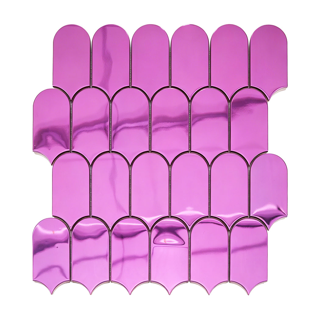 Pink mirror arch metal mosaic tile sheet with glossy reflective surface