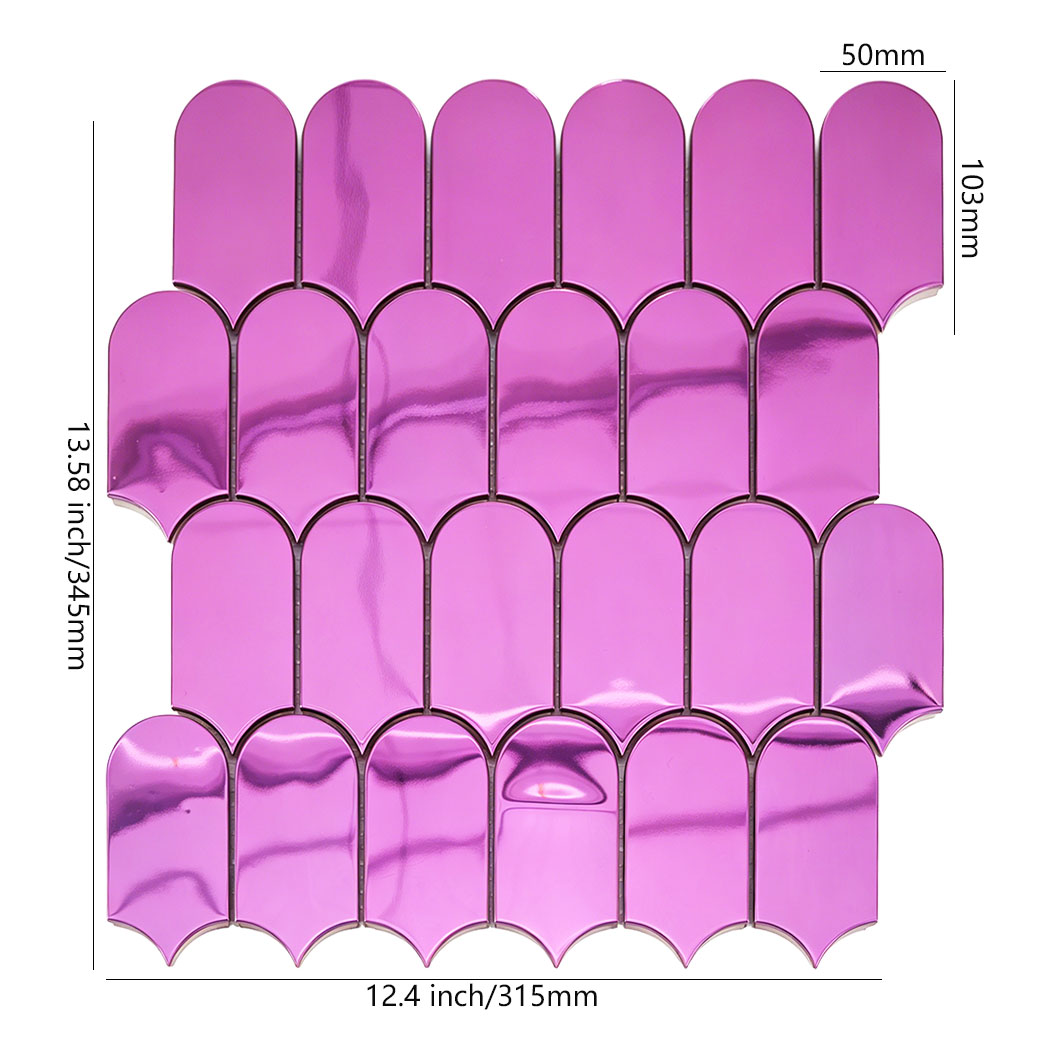 Pink mirror arch metal mosaic tile sheet with 50mm by 103mm chip size display