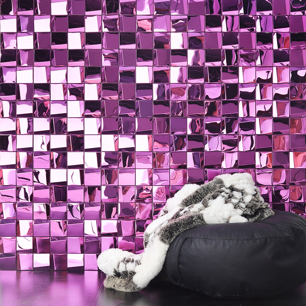 Pink mirror square glass mosaic wall tile with glossy reflective finish