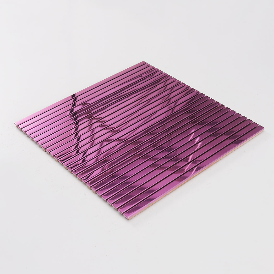 Angled view of pink mirror stainless steel pencil tile sheet