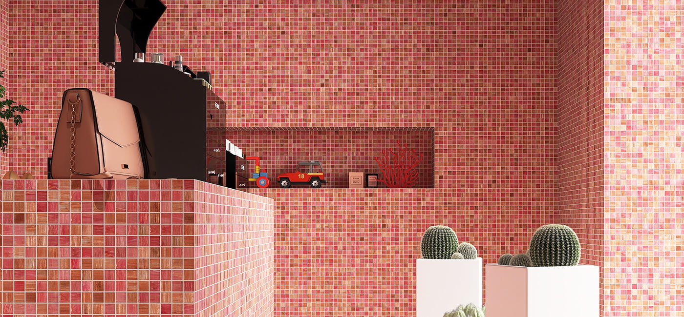 Panoramic interior view of a room fully tiled in pink glass mosaic with glossy finish 