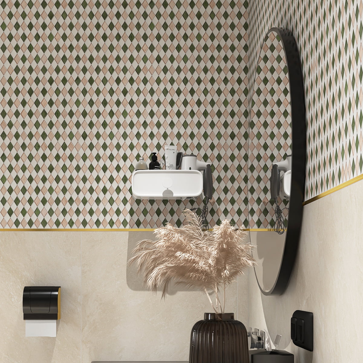 Pink and Green Checkerboard Pattern Mosaic Tiles on Bathroom Wall