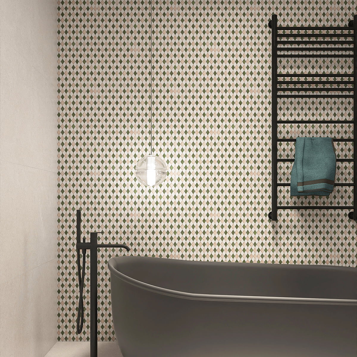 Pink and Green Checkerboard Pattern Mosaic Tiles on the Background of Bathtub