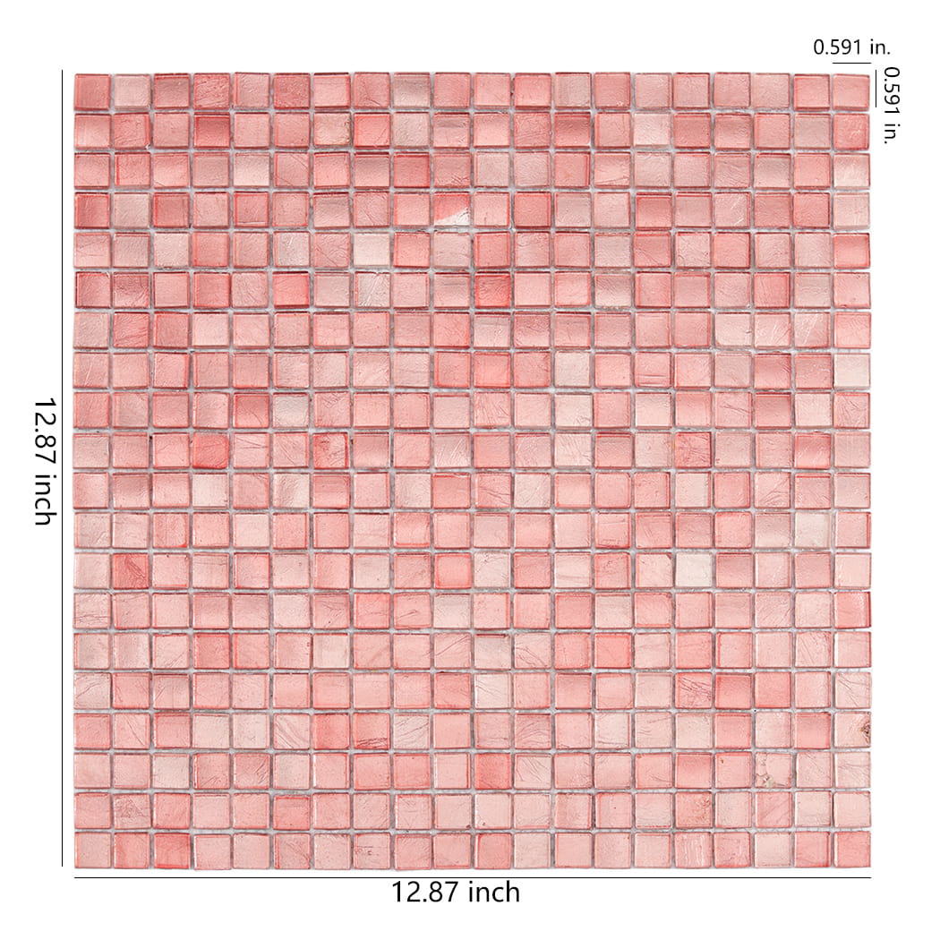 Pink glass mosaic tile sheet showing overall size and individual tile dimensions