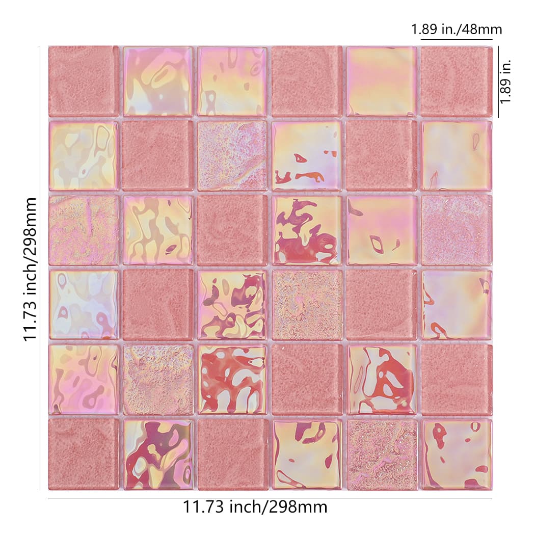 Square pink mosaic tile sheet showing 11.73 inch width and 1.89 inch individual tile size.