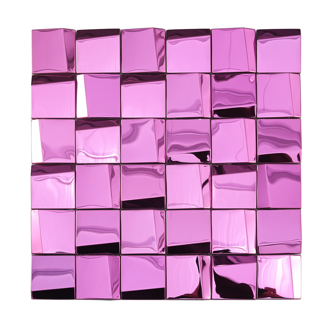 Front view of pink mirror metal mosaic tiles in square pattern