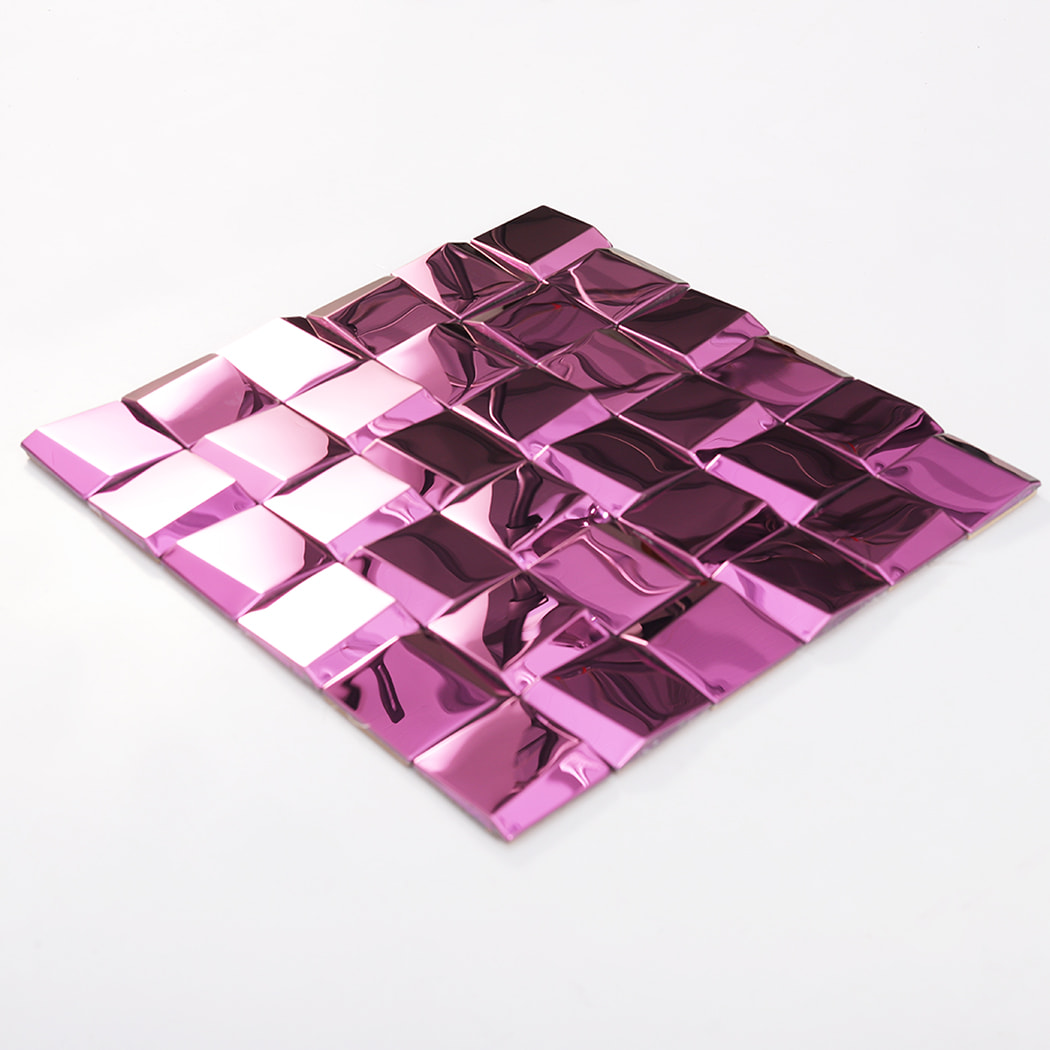Full sheet of pink mirror metal mosaic tiles on white background