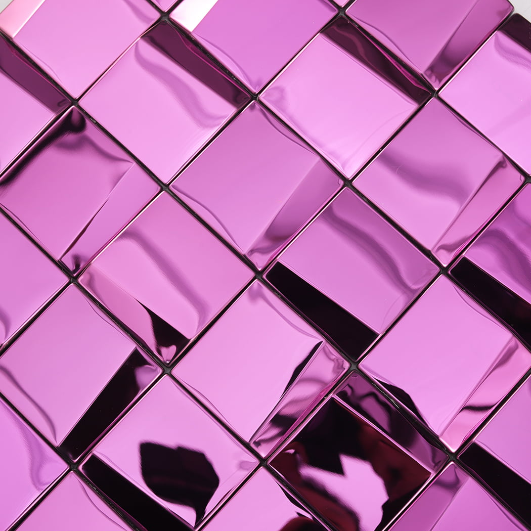 Glossy surface detail of pink mirror metal mosaic tiles