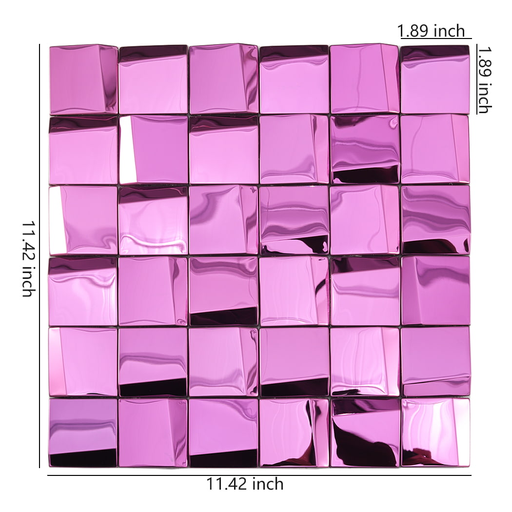 Pink mirror metal mosaic tile sheet with labeled dimensions
