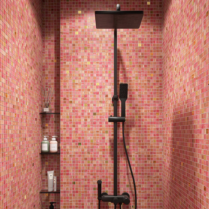 Modern shower with pink mosaic tile walls and matte black rain shower fixtures