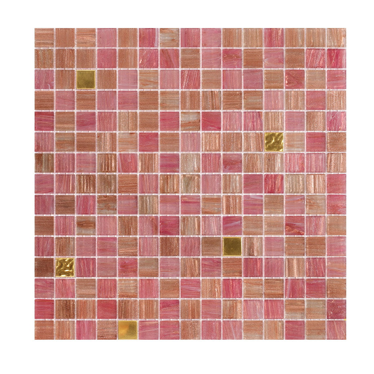 Pink mosaic tile sheet with gold accents, arranged in a grid pattern