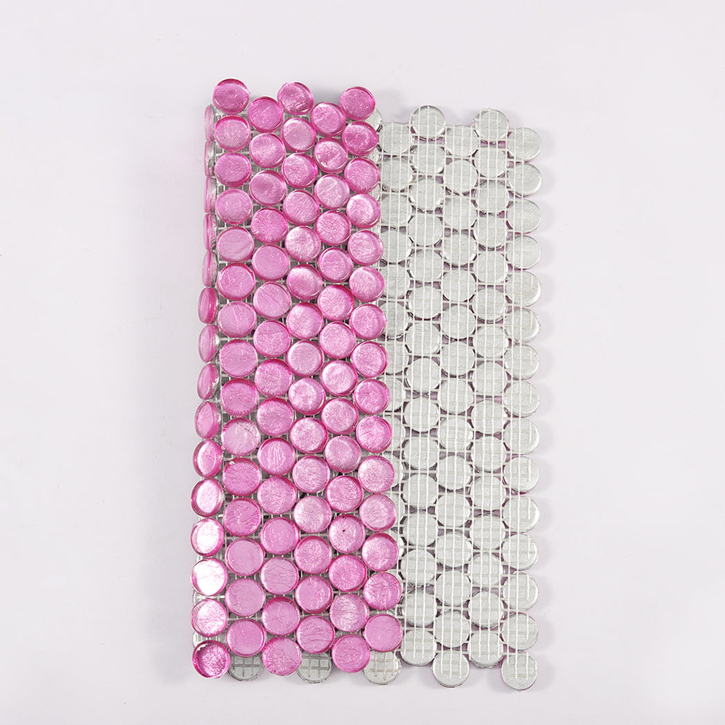 Pink round glass mosaic tile showing front tiles and white mesh backing