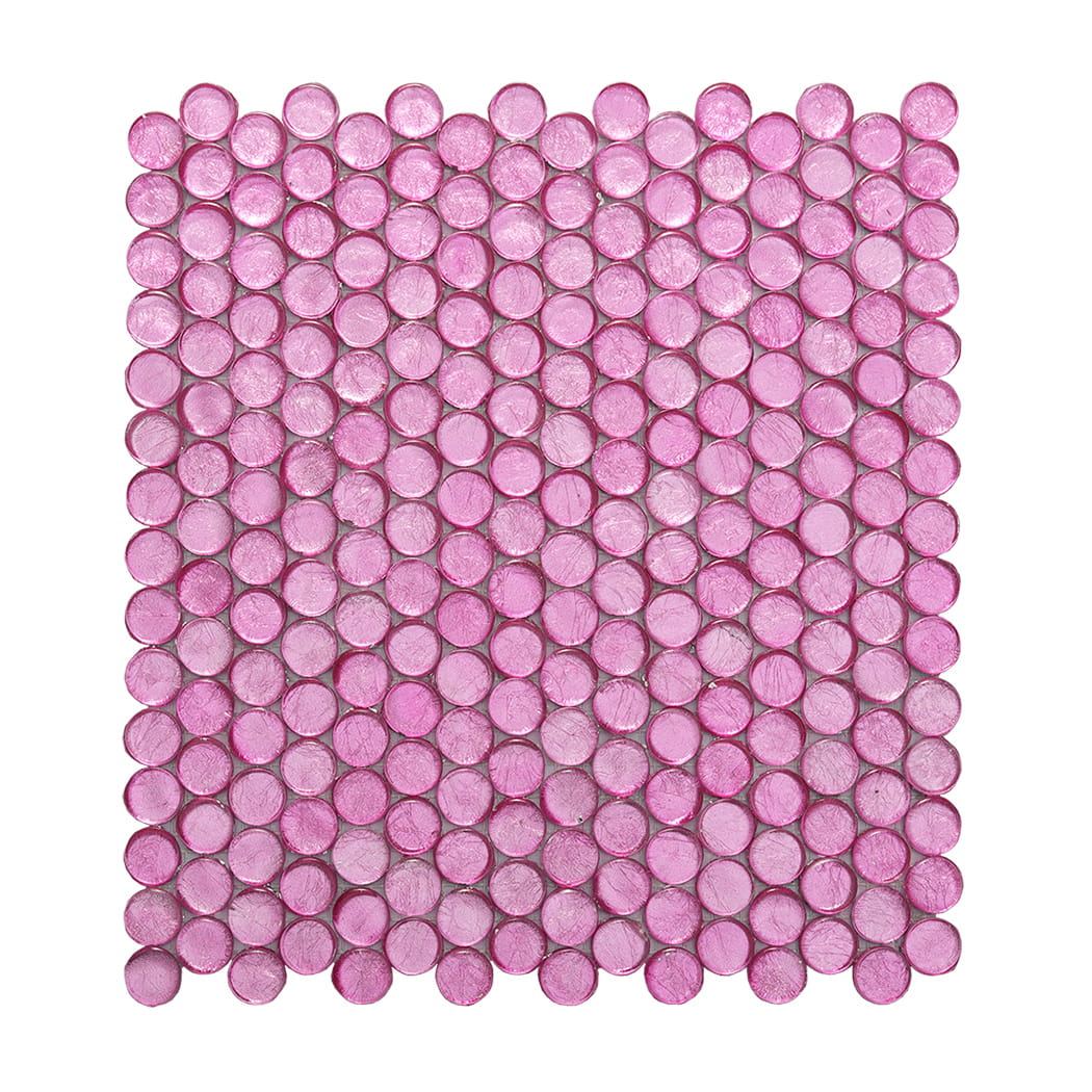 ALT: Close view of pink round glass mosaic tile sheet showing flexible mesh corner