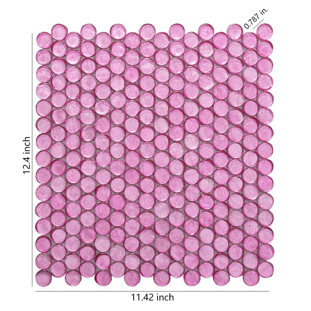 Pink round glass mosaic tile sheet showing full size with width and height measurements