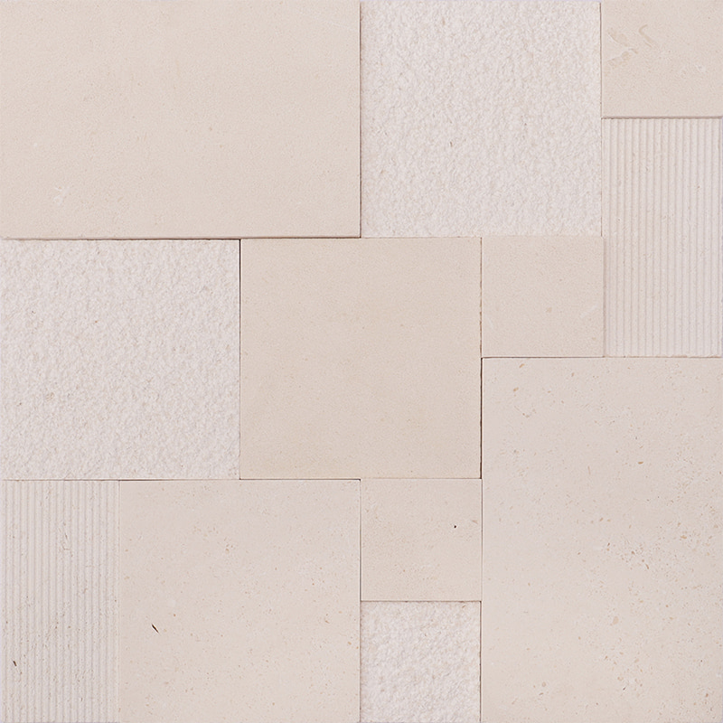 Plain beige tiles in mixed marble finishes and textures