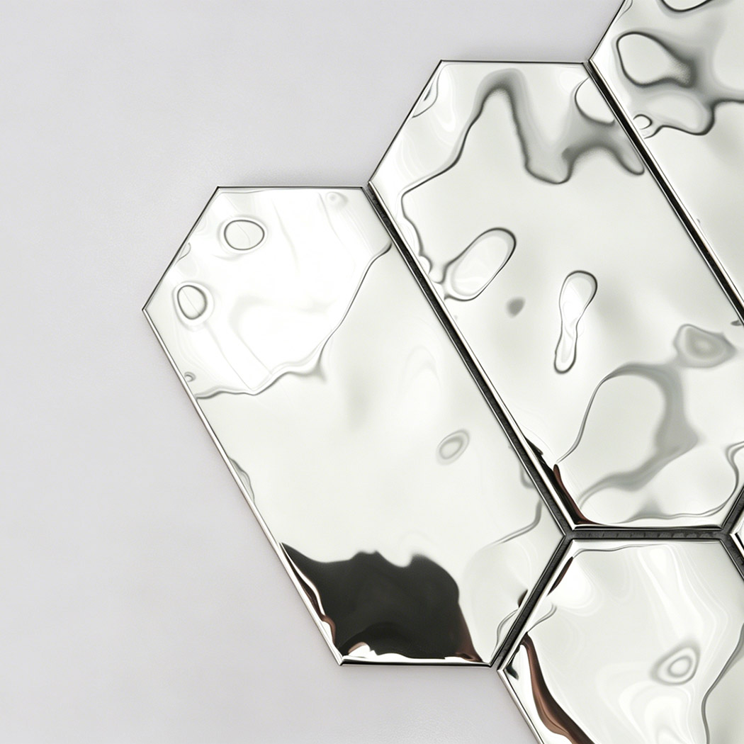 Polished silver hexagon stainless steel mosaic tiles close up detail view