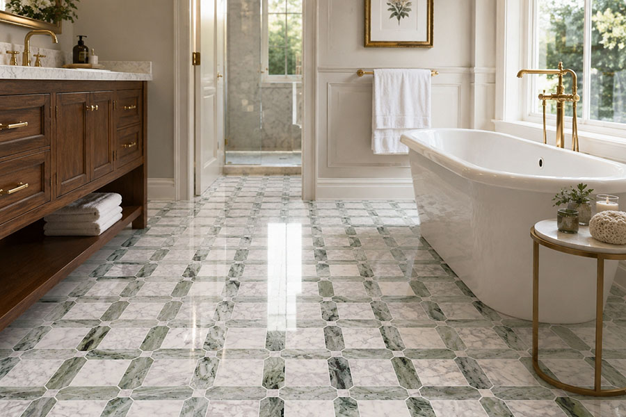 Polished green and white marble tiles on a luxury bathroom floor