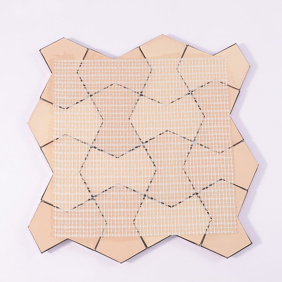 Back view of purple 3D stainless steel wall tile with mesh