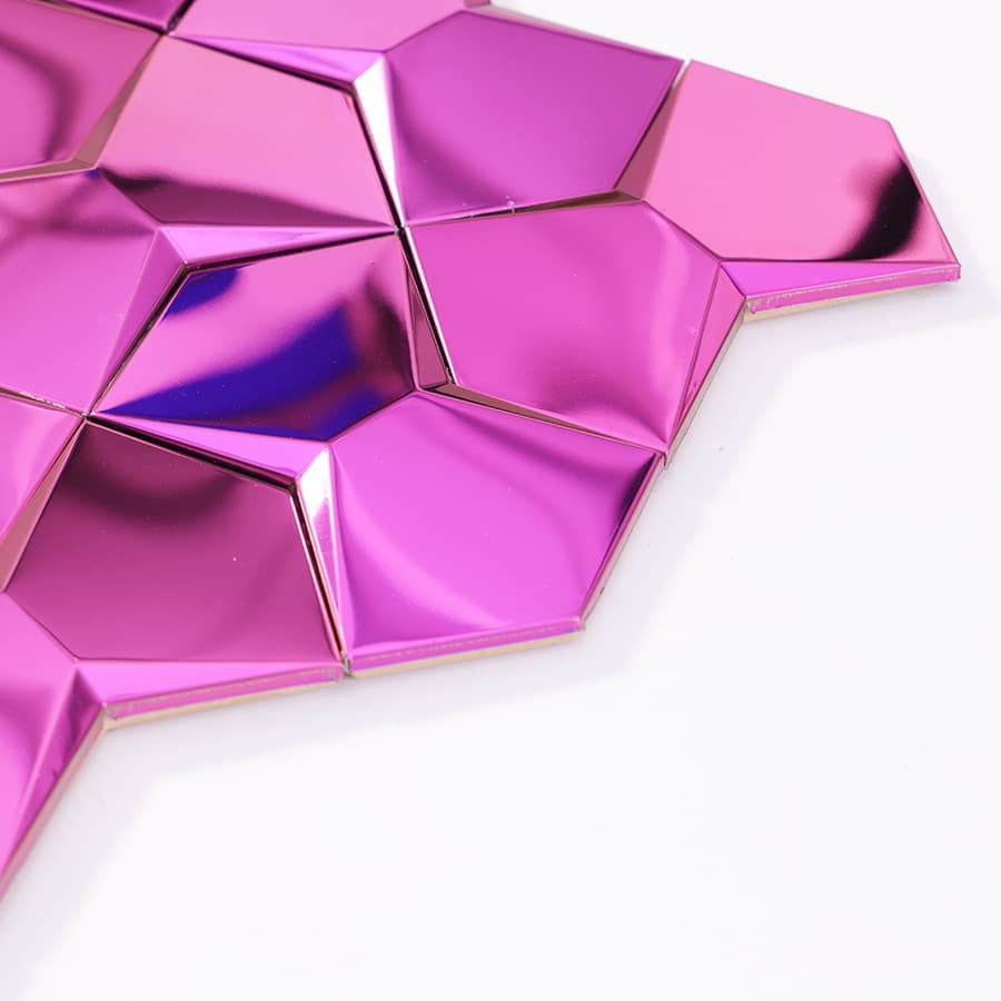 Edge close up of purple 3D stainless steel wall tile