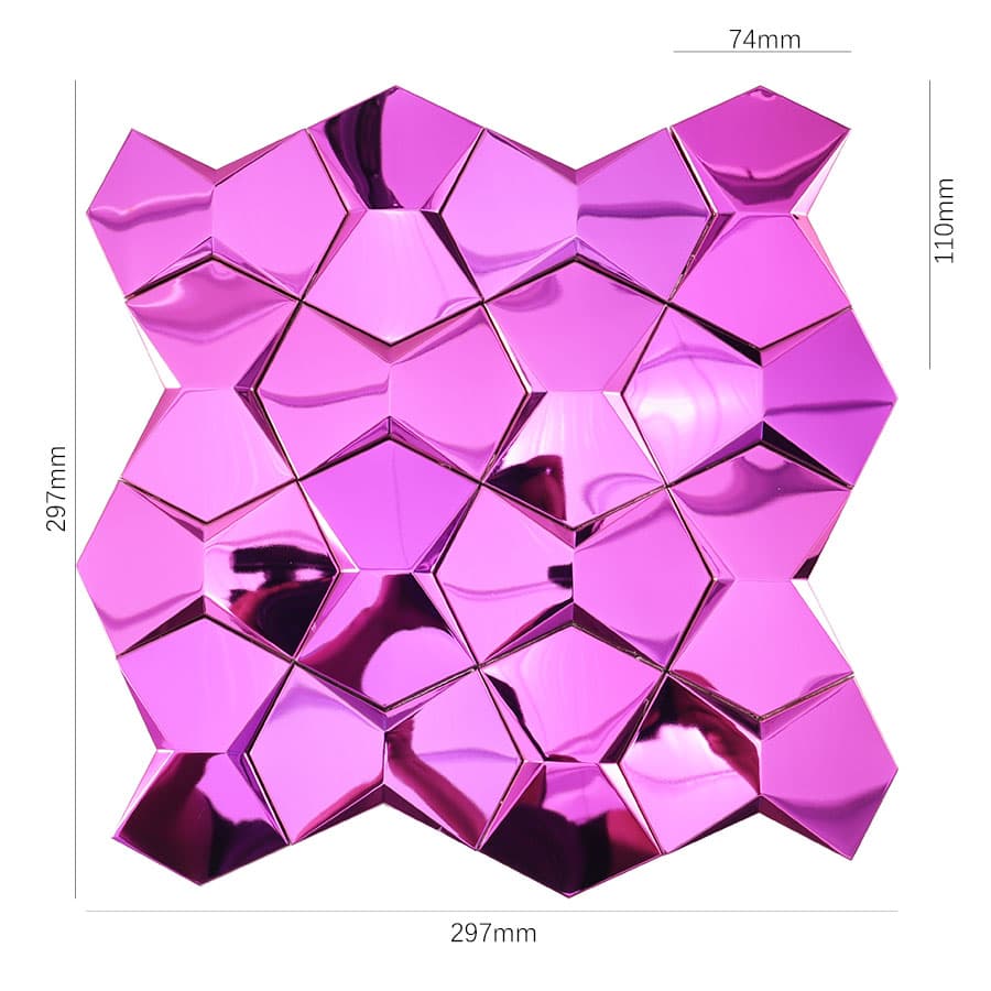 Purple 3D stainless steel wall tile with size measurements