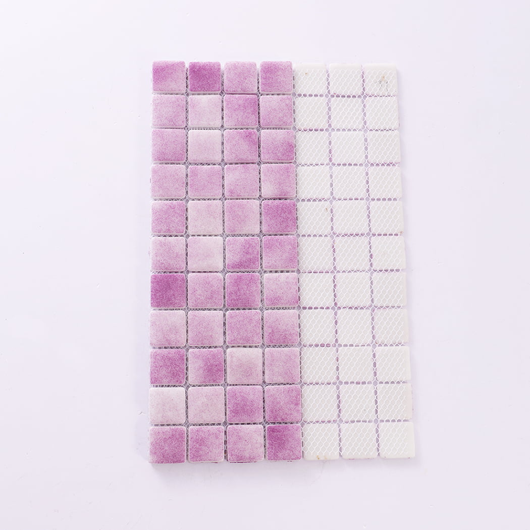 Back view of purple recycled glass mosaic tiles showing mesh backing.