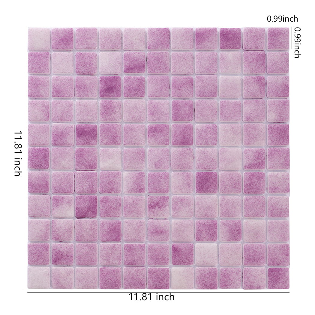 Purple recycled glass mosaic tile sheet with size measurements.