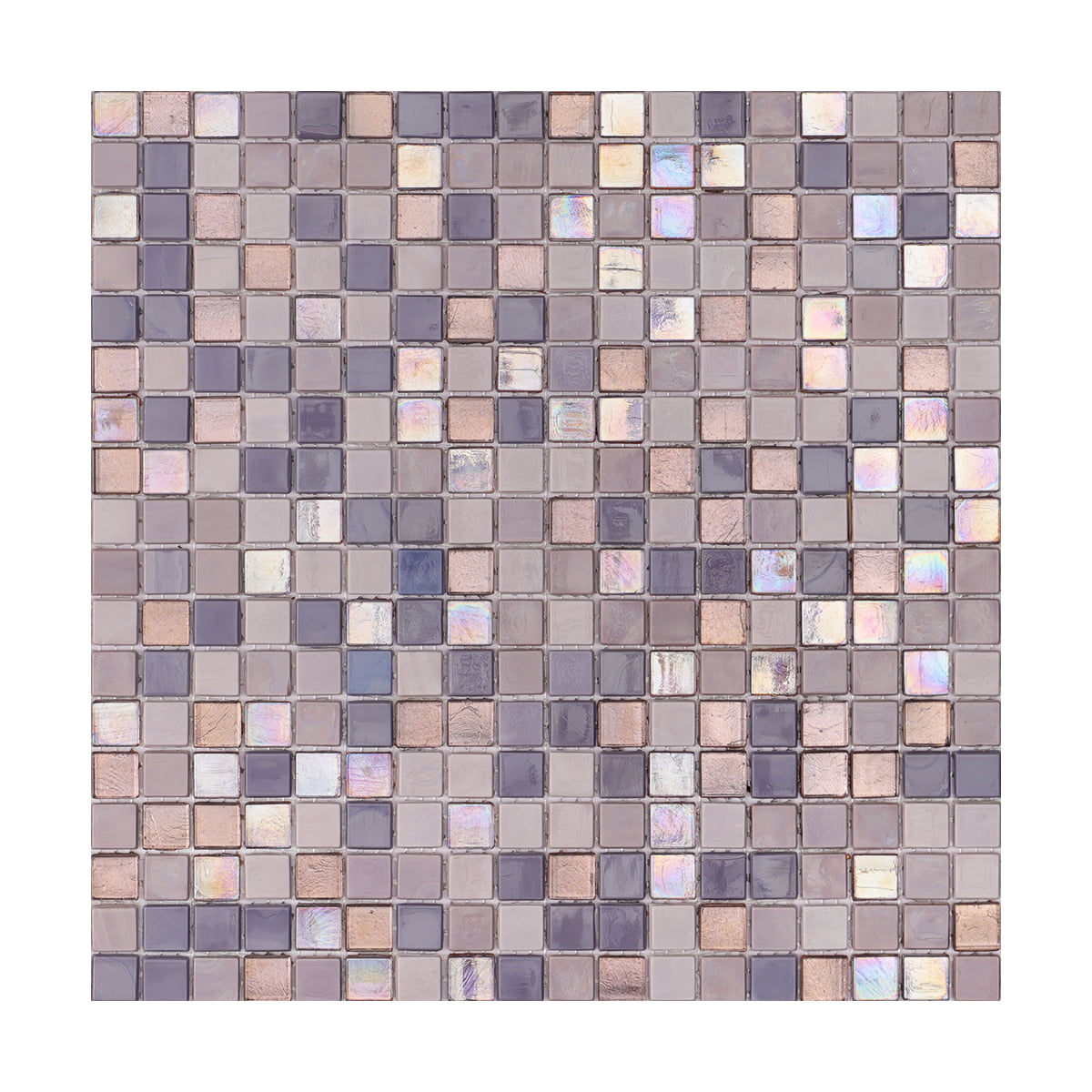 Purple and beige square mosaic tile sheet with glossy and metallic finishes
