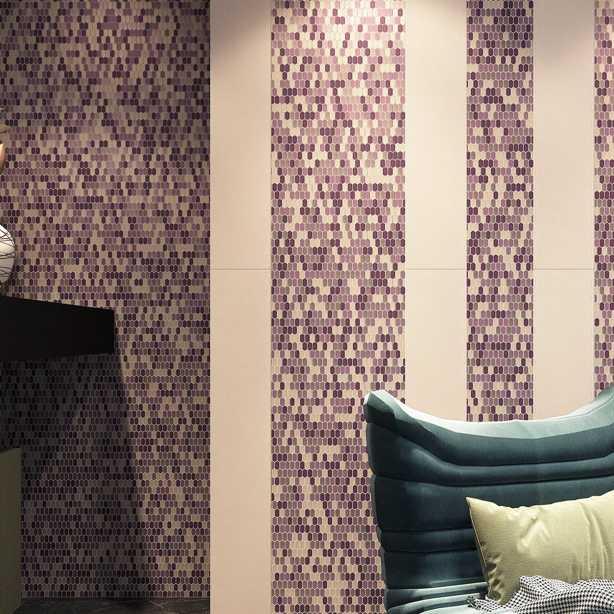 Purple and cream hexagonal tiles arranged vertically on a feature wall
