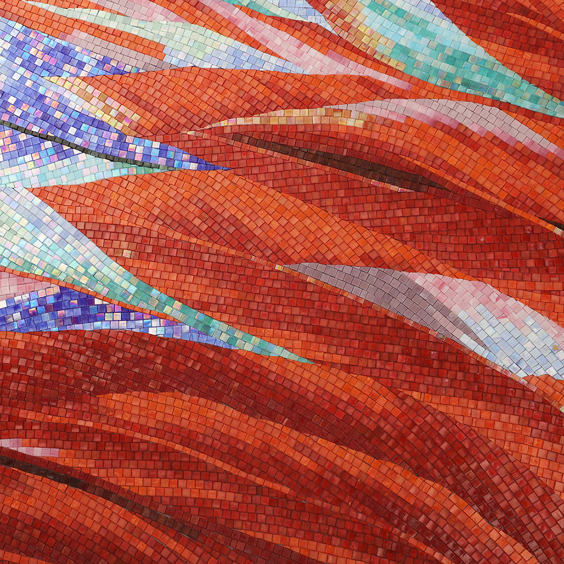 Red tropical leaf glass mosaic mural with blue and green background details