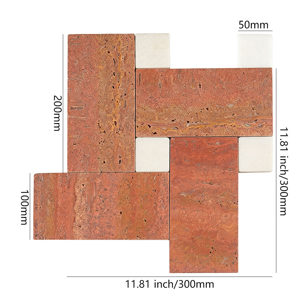 Red travertine geometric tile with white accents and 300 mm sheet dimensions