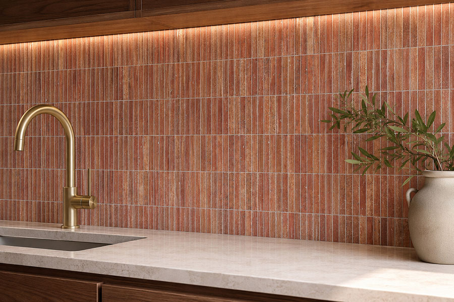 Red travertine linear tile backsplash with brass faucet and dark wood cabinets